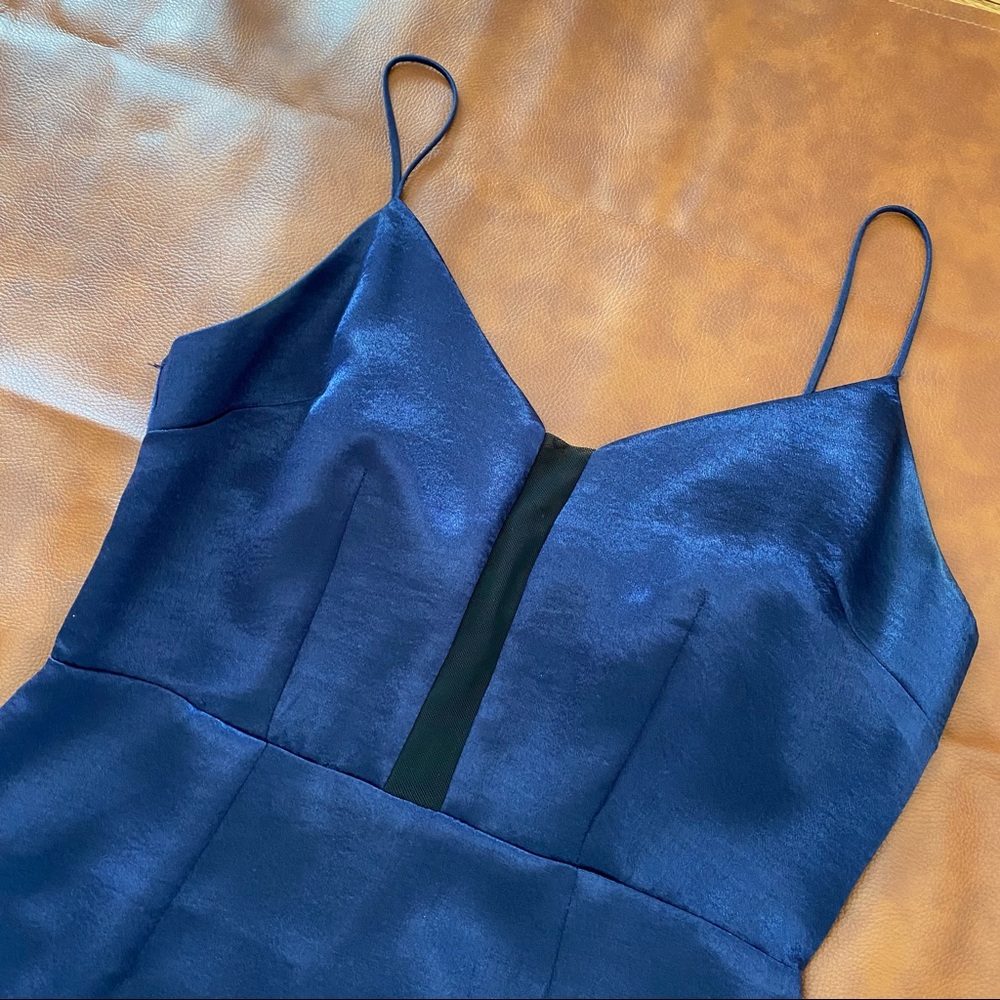 Blue satin mini dress with mesh detail